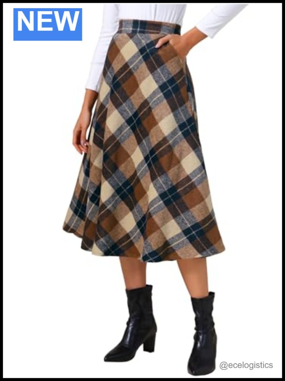 Women Plaid A-Line Midi Skirt High Waist Work Office Lined Pockets